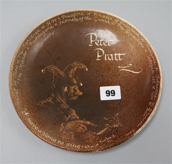 A Studio pottery dish inscribed to the actor Peter Pratt